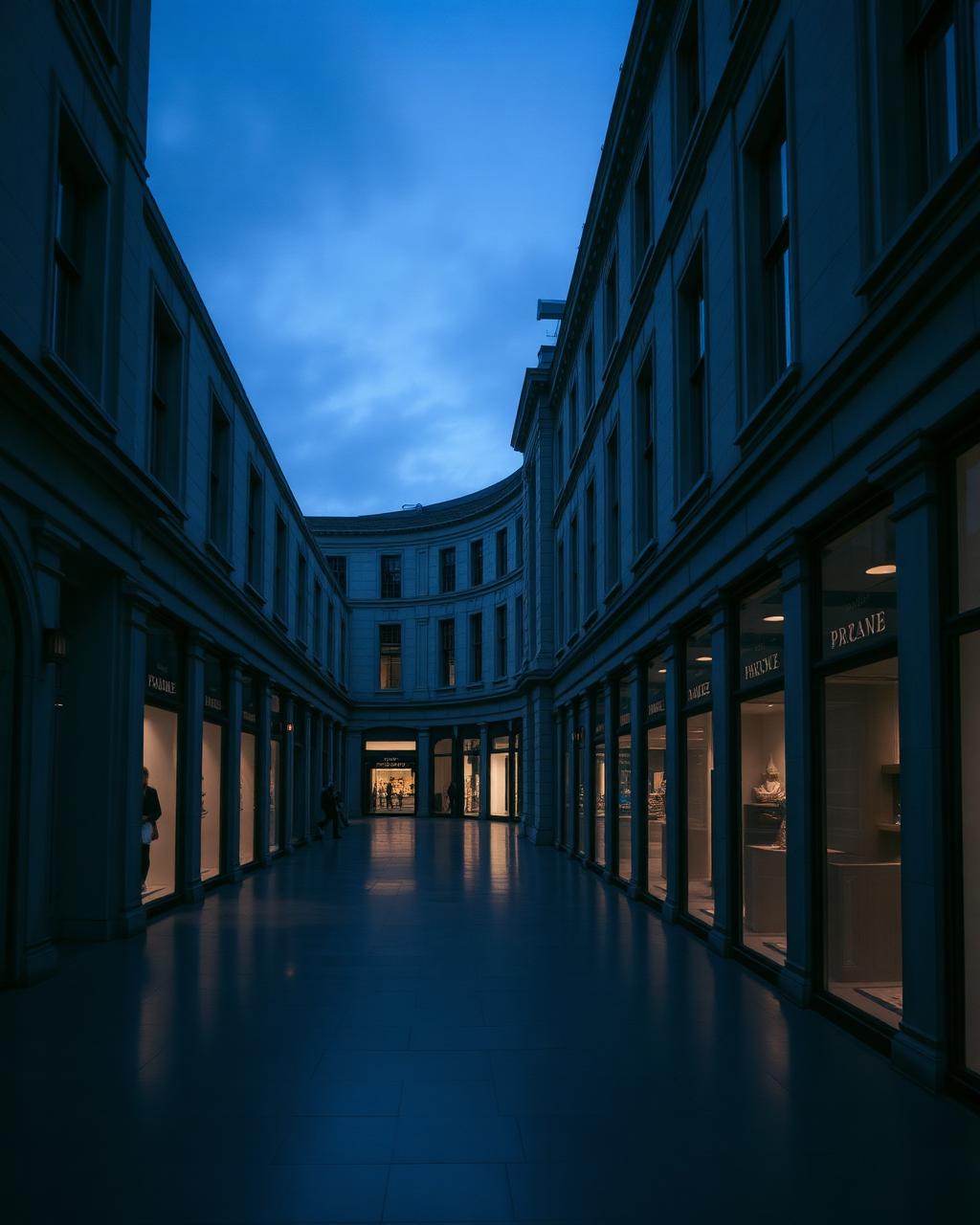 Retail arcade at blue hour